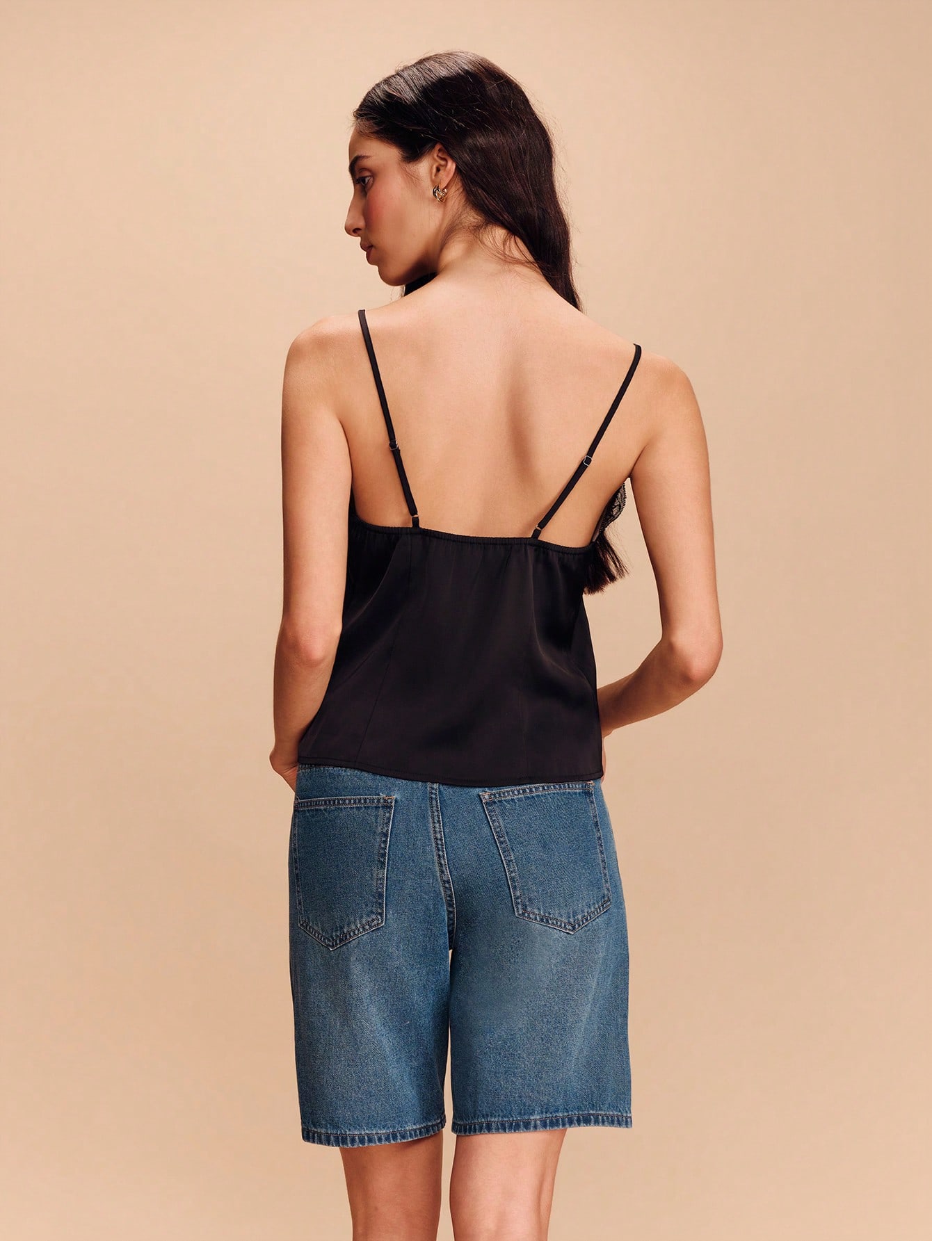 Lace Deep V Neckline Cami With Straps Spring Summer Vacation French Style Parisian Style Black Lace Top Cami Tops Black Summer Top Black Satin Top