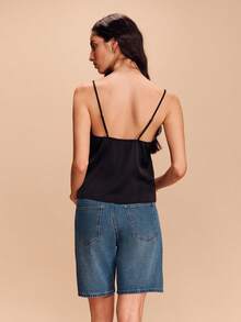 lacRébo Lace Deep V Neckline Cami With Straps Spring Summer Vacation French Style Parisian Style Black Lace Top Cami Tops Black Summer Top Black Satin Top - Black - View 4