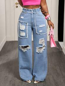 BamGleam Cowgirl Inelastic Distressed Straight Leg Blue Jeans, Spring For Women - Light Wash - View 7