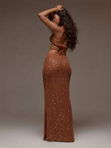 MUSERA Ensemble coordonné Top brassière à col halter avec nœud devant et jupe maxi ajustée texturée avec sequins marron. Tenue élégante pour le printemps, l'été, les vacances, la plage, les festivals à Ibiza et les fêtes - Jaune citron - Voir 2