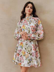 Anewsta Women's Spring/Summer Floral Print Elegant Long Sleeve Mini Dress - Pink - View 7