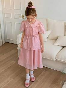 DAZY Tween Girl Solid Color Ruffle Collar Short Sleeve Shirt And Skirt Set Summer - Pink - View 1