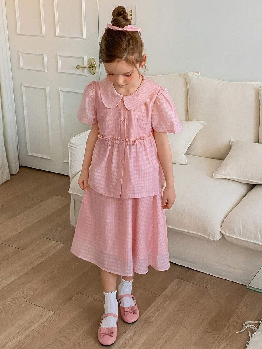 DAZY Tween Girl Solid Color Ruffle Collar Short Sleeve Shirt And Skirt Set Summer - Pink - View 1