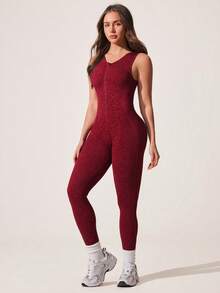 Core Rhythm 单件式无缝豹纹连体裤，无袖露背设计，柔软舒适，适合运动、跑步、休闲、瑜伽等场合。 - 紅色 - 查看 5