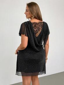 Auralis Plus Size Black Sparkly Dress For Women,Elegant Lace Patchwork Draped Formal Evening Outfit,Summer Night Out Club Party Cocktail Wedding Dress - Black - View 7