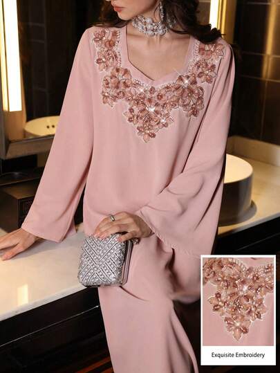 Al Najma Solid Color Asymmetric Neck Loose Long Sleeve Elegant Luxurious Dress With 3D Floral Collar Decor
