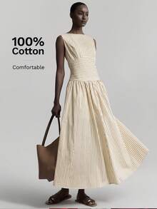 Ontre 2026春夏新款女士条纹拼接优雅圆领无袖收腰褶裥休闲连衣裙，适合日常穿着、复活节、夏季、休闲、长款、节日、婚礼等场合。 - 杏色 - 查看 1