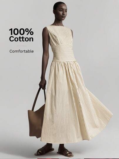 Ontre 2026SS New Spring Women's Striped Patchwork Elegant Lady Striped Round Neck Sleeveless Waist Pleated Casual Dress, Daily Wear Dress, Easter Dress, Summer Dress, Elegant Dress, Casual Dress, Holiday Dress, Wedding Dress
