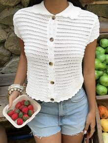 Sunnyshic Women's White Fashionable Versatile Casual Hollow Lapel Short Sleeve Vacation Style Cardigan, Summer - White - View 4