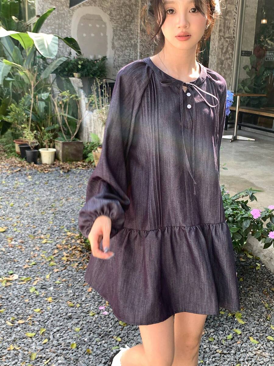 DAZY Women's Korean Retro Casual Ruffle Trim Denim Dress - Blue - View 1
