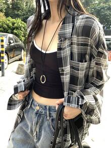 DAZY 女士格子落肩长袖单排扣休闲衬衫 - 藏蓝色 - 查看 6