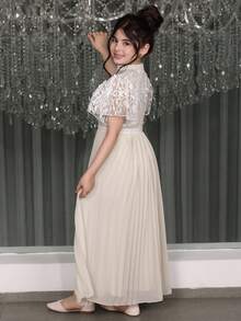 少女时尚立领褶裥连衣裙 - 杏色 - 查看 4