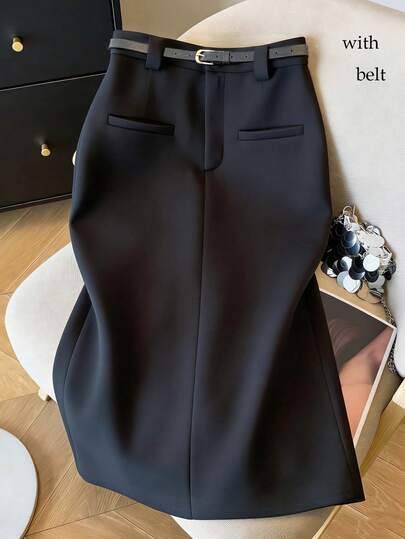 Franclia 时尚休闲通勤百搭高腰显瘦后开衩腰带黑色半身裙，女士套装半身裙，女士中长裙，女士休闲半身裙，高腰修身直筒半身裙，百搭休闲日常装，都市教师工作服，女士纯色休闲百搭半身裙，夏季女装，2026春季新款服装