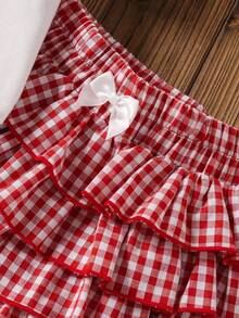 SHEIN 2件套女婴针织纯色樱桃图案休闲T恤和梭织格子短裤套装 - 彩色 - 查看 5