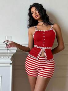 Women's Summer Casual Vacation Red & White Striped Pattern Shorts Women Vacation Outfit Sets Women Two Pieces Sets Short Women's 2 Pieces Outfit Women's 2 Pieces Sets Woman Summer Outfits - Watermelon Pink - View 5