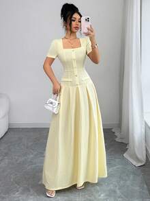 Elenzga 女士春夏新款优雅通勤简约休闲日常约会连衣裙，浅黄色纹理面料短袖方领收腰A字连衣裙 - 淡黃色 - 查看 6