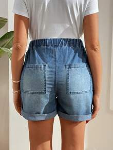 SHEIN Quần short denim bầu co giãn và thoải mái, gấu quần xắn, eo có dây rút điều chỉnh, trang phục thường ngày khi đi nghỉ mát. - Rửa trung bình - Xem 2