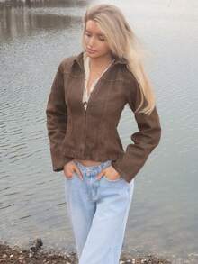 Sydney Algeri 水洗漂白牛仔拼接拉链翻领夹克，仅限秋季，复古乡村风，可爱又时髦，适合返校季穿着，休闲居家外套，女款，奶油糖色，冬日时尚。 - 棕色 - 查看 5