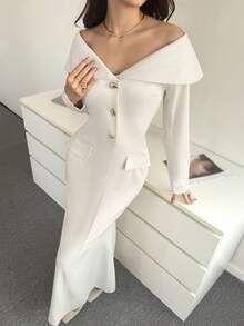 Modelyn 法式白色月光翻领前扣长袖长款西装外套 - 米色 - 查看 4