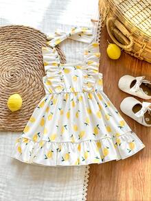 SHEIN Vintaside Kids 2件套新生女宝宝粉色卡通草莓格子连衣裙，配可爱蝴蝶结发带，0-3个月，柔软、弹力、舒适，荷叶边装饰，适合外出、度假、拍照，春夏新品 - 黃色 - 查看 4