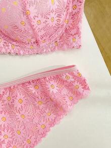 PetitDoll 2pcs Women's Sweet Cute Pink Princess Lace Print Bra Set, Elastic Comfortable Padded Bra & Panty Lingerie Set - Pink - View 9