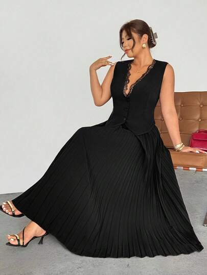 Firerie Plus Size Women Solid Color Contrast Lace Single-Breasted Vest And Pleated Midi Skirt Elegant Suit Set