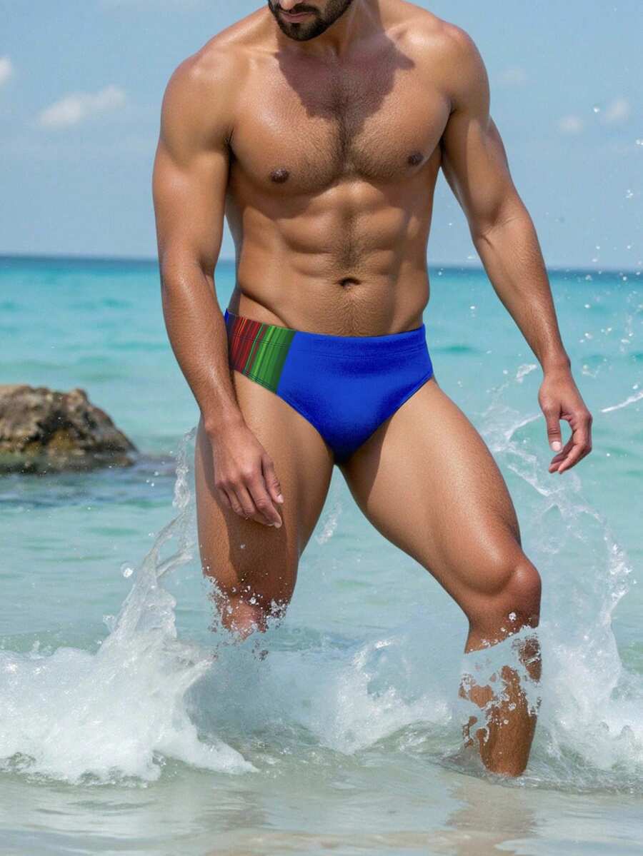 Manfinity Swimmode Bañador triangular minimalista de uso diario con color contrastante para hombres - Azul - Ver 1