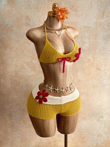 Mistrie 女士黄色吊带比基尼上衣和红色花卉蝴蝶结修身性感度假毛衣两件套，春夏款 - 黃色 - 查看 4