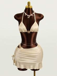 Zestiva Bộ bikini trơn màu gợi cảm dành cho nữ, đồ bơi trang trí cho kỳ nghỉ biển, đám cưới & sự kiện, bộ đồ bơi có váy, bộ đồ bơi 3 mảnh, ngày Valentine, thanh lịch, bikini màu kem. - trắng - Xem 3