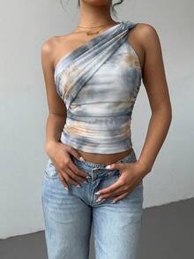 Aloruh 女士新款优雅性感扎染印花网纱修身褶皱系带露脐上衣，Y2K风格露肩无袖衬衫 - 灰色 - 查看 6