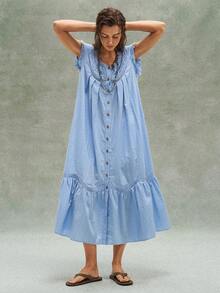 Bohemela Women's Long Dress, Perfect For Summer Casual Vacations, Romantic And Elegant, French Beach, Bohemian, Country Music Festivals. Solid Color, Woven Jacquard, Lace Trim Details, Loose Ruffled Hem. A Free And Relaxed Style, Fashionable Women's Clothing, Beachwear, Summer Vacation Wear. - Blue - View 1