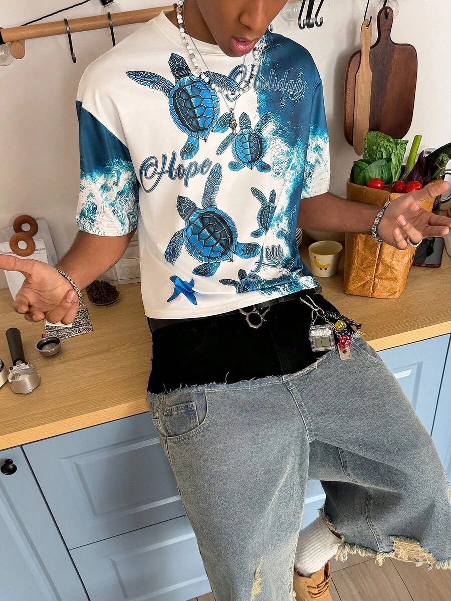 STEELVANCE 男士字母和海龟印花圆领短袖休闲百搭T恤 - 彩色 - 查看 1