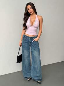 SHEIN PETITE Kamisol Leher Halter Renda Kontras Warna Polos untuk Liburan Musim Panas Wanita, Ukuran Mungil untuk Wanita - Berwarna merah muda - View 7