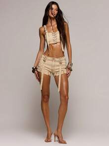 MUSERA 镂空系带前扣细节水洗牛仔露脐上衣，春夏性感约会夜店音乐节假日外出度假之选 - 卡其色 - 查看 6