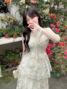 DAZY 女士纯色长款收腰蕾丝长袖连衣裙，层叠裙摆中长连衣裙 - 白色 - 查看 10