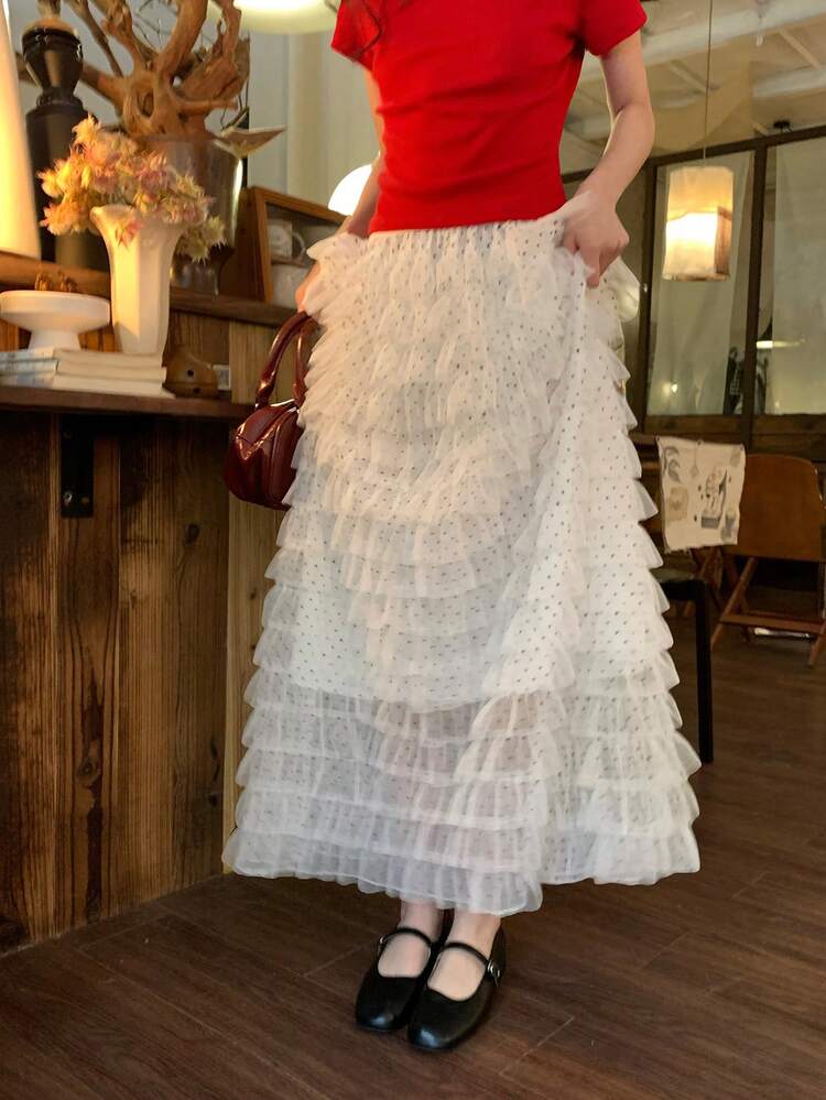 Women's Polka Dot Mesh Layered Maxi Tulle Skirt, Airy Voluminous A-Line High-Low Hem Skirt