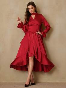 Chiquease Fashionable Design Sense Front Short Back Long Flowing Elegant High-End Long Sleeve Solid Color Cinched Waist Dress - Burgundy - View 4