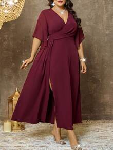 SHEIN Elenzya 大码女式不对称褶皱高腰连衣裙 - 中紫紅色 - 查看 8