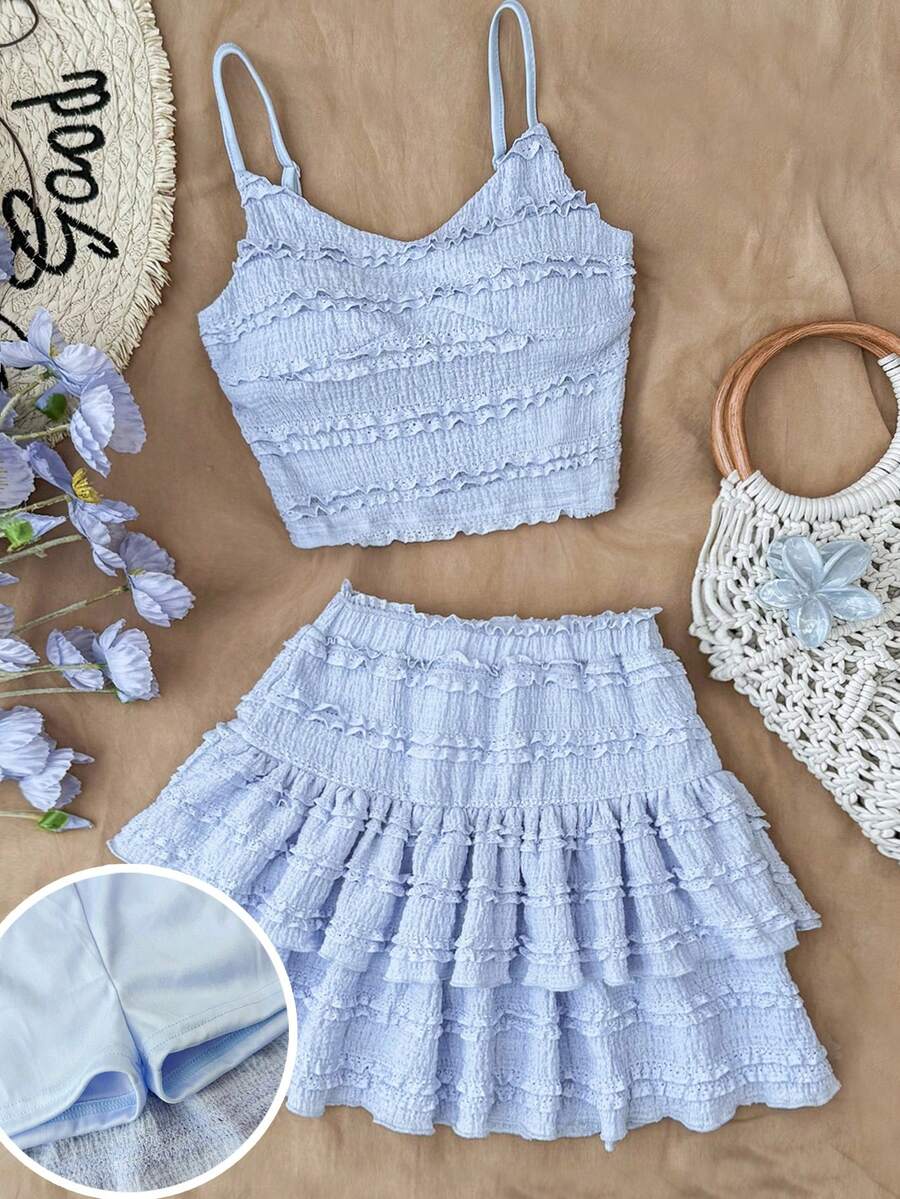 SHEIN 儿童/少女蓝色纯色针织提花纹理吊带背心配荷叶边下摆A字裙短裤两件套，春夏款 - 淺藍色 - 查看 1