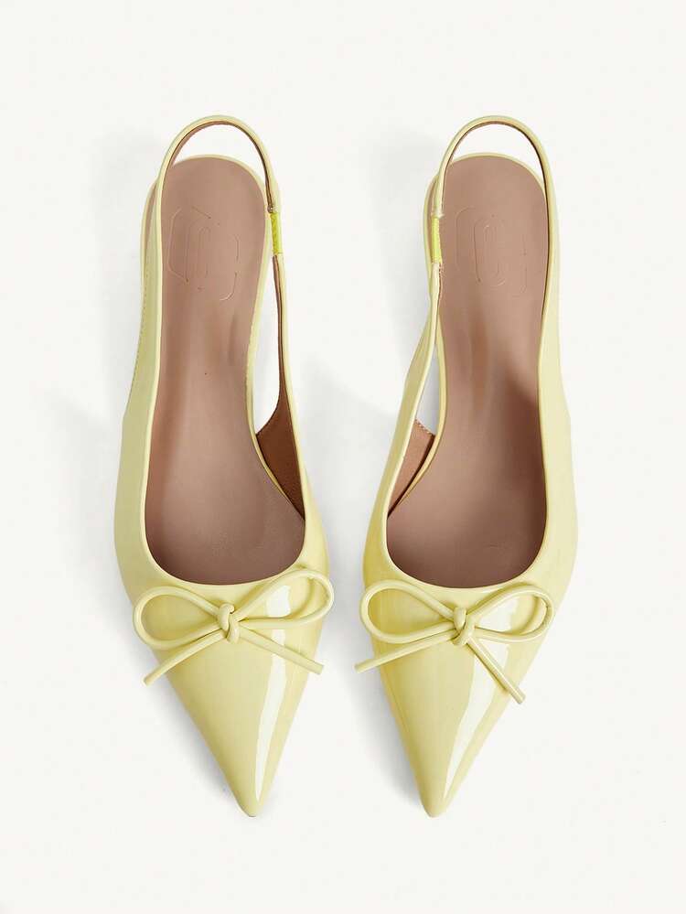 CUCCOO CHICEST Women Shoes Spring And Summer New Sweet Bow Decoration Pointed Flat Bottom Simple Fashion Patent Leather Yellow Women's Heels Commuting Shopping Daily Dating Versatile Shoes