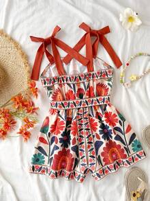 SHEIN 少女休闲度假夏季彩色花卉蝴蝶结装饰吊带露脐连体裤，适合海滩、音乐节、母女装 - 橘色 - 查看 2