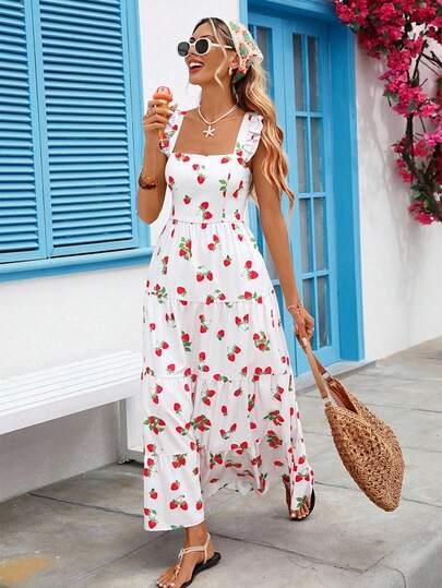 Vivid Eden Vacation Outfits Women,Women's Summer Vacation Style All-Over Strawberry Print Square Neck Ruffle Armhole Tiered Hem Dress,Vacation Outfits Women,Summer Outfits,Spring Outfit Women,Elegant Dresses For Party,Beach Outfit For Women,Wedding Guest Dress For Women,Floral Dresses For Women