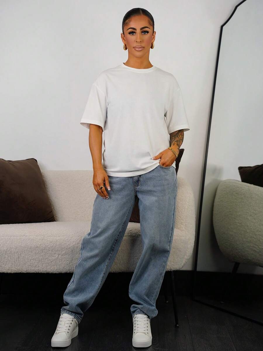 SAYEHFBABY Women's Loose Casual Round Neck Basic Short Sleeve Top, Autumn/Winter - White - View 1