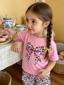 2pcs/Set Baby Girls Pink Summer Casual Cute Vacation Outfit,Toddler Heart Bow Cartoon Knit Round Neck Short Sleeve Top,Leopard Print Shorts Clothing - Multicolor - View 2