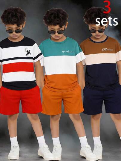 SHEIN 3 sets/Compra 3 y llévate 3 gratis Conjunto informal de camiseta de manga corta holgada de cuello redondo y pantalones cortos de chico preadolescente con estampado de parches y colores contrastantes, conjunto estilo Y2K