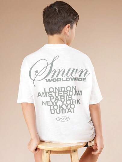 SUMWON Worldwide Oversized Crew Neck Short Sleeve T-Shirt With City Names Back Print For Boys