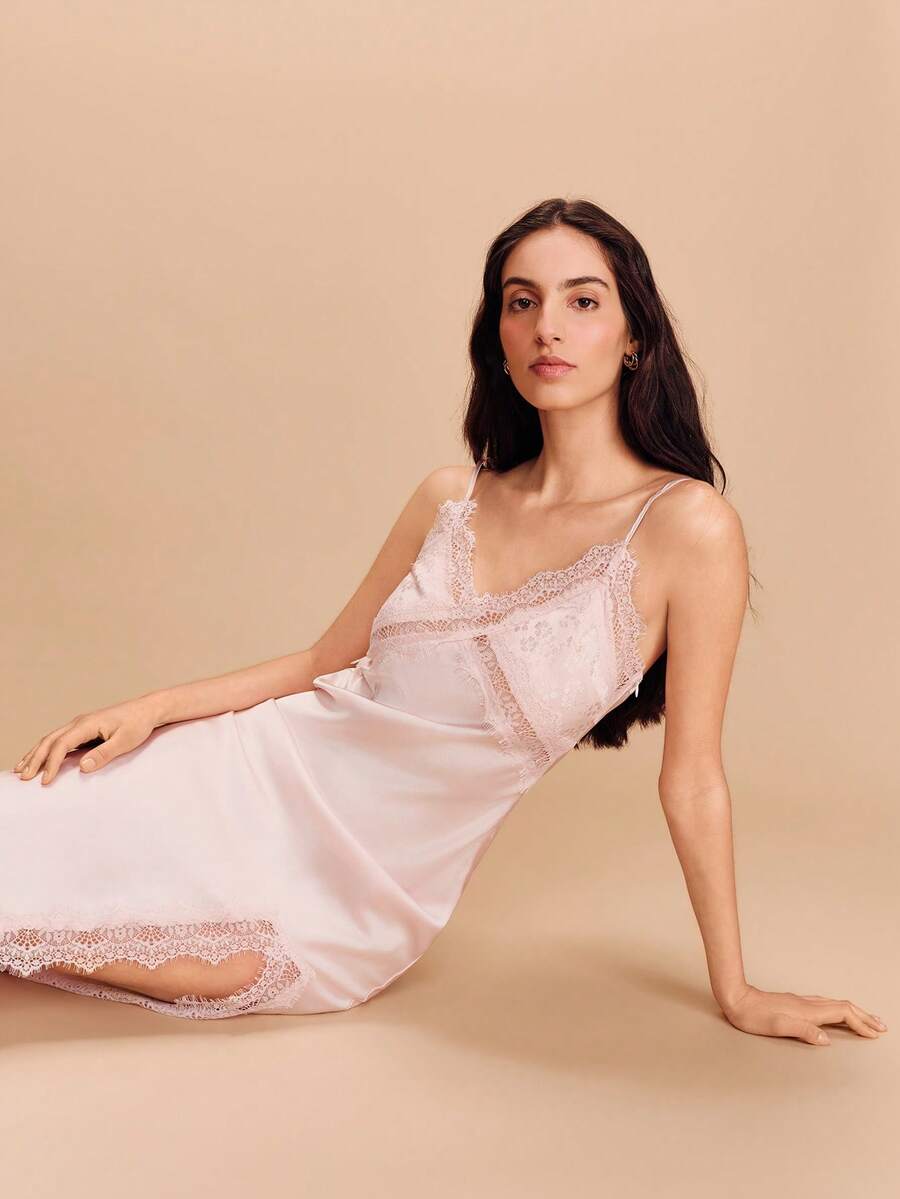 lacRébo Pale Pink Satin Maxi Dress With Lace Details Elegant Dress Evening Dress Pink Satin Dress Spring Summer French Style Parisian Style Business Casual - Baby Pink - View 1