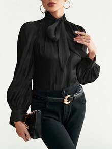 Aveloria Modichic Áo kiểu nữ màu trơn cổ buộc dây, tay phồng, thích hợp mặc đi dự tiệc, lễ hội. - màu đen - Xem 4