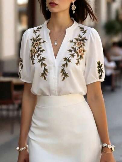 Balvessa Women's Notched Neck Floral Print Cutout Collar White Petal Sleeve Blouse