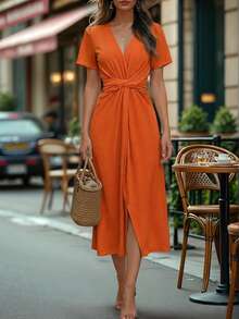 Balvessa Women's V-Neck Waist Tie Midi Dress For Commuting - Burnt Orange - View 1